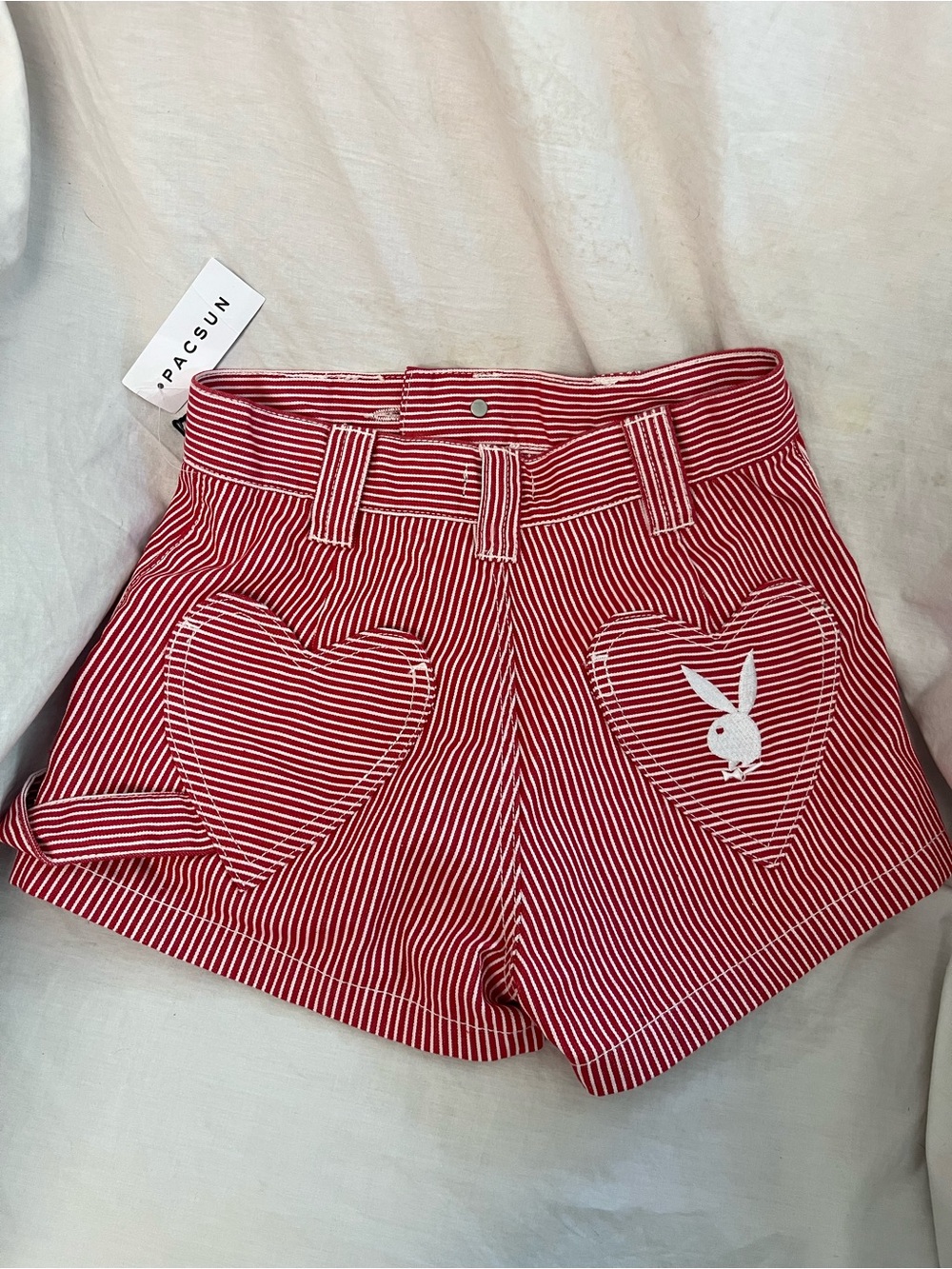 PLAYBOY Red and White Striped High-Waist Shorts with Heart Pockets